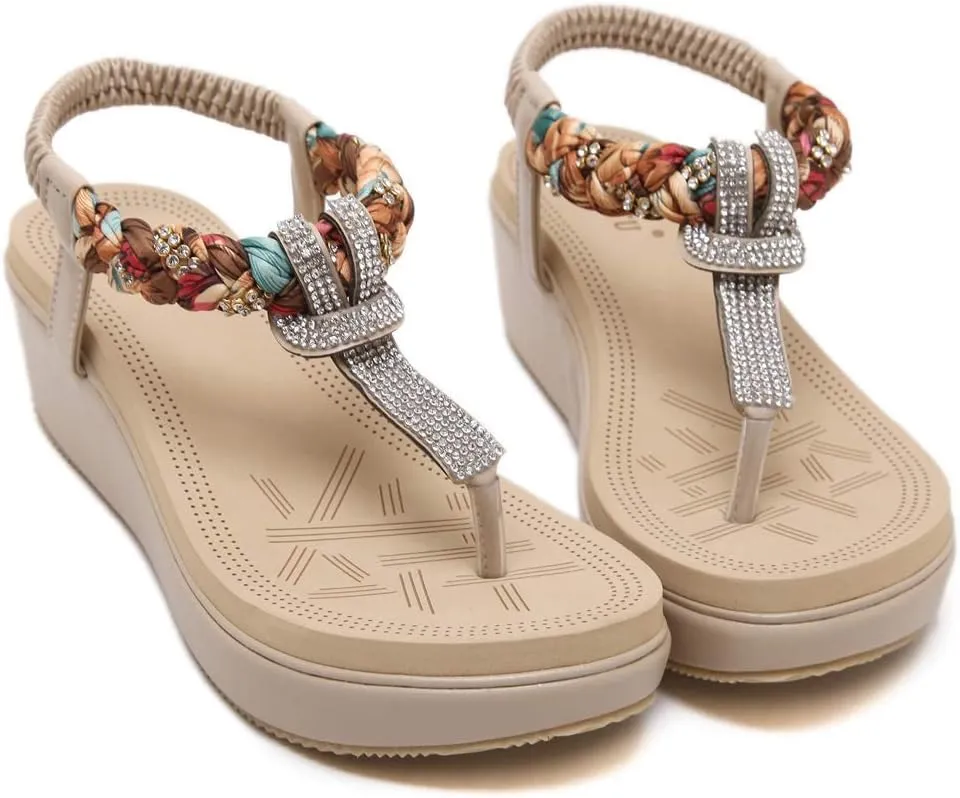 MIOKE Women's Bohemia Rhinestone Wedge Sandals Summer T-strap Thong Braid Beach Platform Flip Flops Shoes