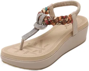 MIOKE Women's Bohemia Rhinestone Wedge Sandals Summer T-strap Thong Braid Beach Platform Flip Flops Shoes