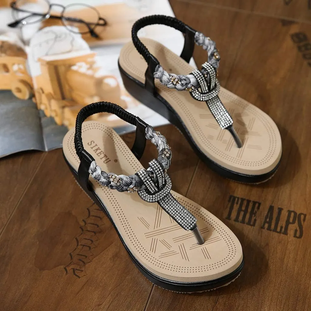 MIOKE Women's Bohemia Rhinestone Wedge Sandals Summer T-strap Thong Braid Beach Platform Flip Flops Shoes