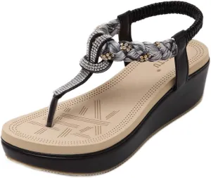 MIOKE Women's Bohemia Rhinestone Wedge Sandals Summer T-strap Thong Braid Beach Platform Flip Flops Shoes