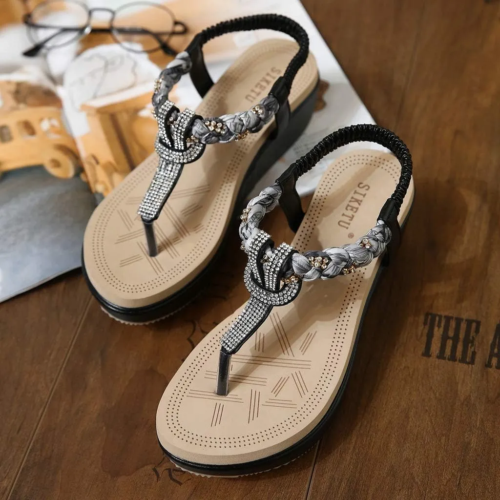 MIOKE Women's Bohemia Rhinestone Wedge Sandals Summer T-strap Thong Braid Beach Platform Flip Flops Shoes