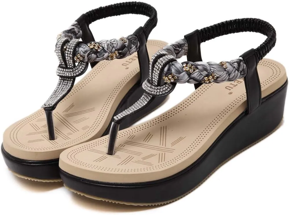 MIOKE Women's Bohemia Rhinestone Wedge Sandals Summer T-strap Thong Braid Beach Platform Flip Flops Shoes