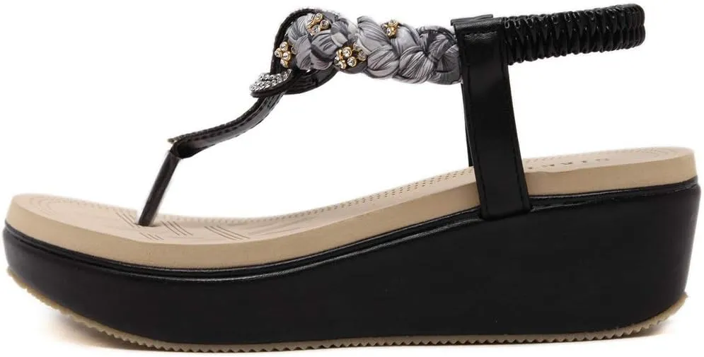 MIOKE Women's Bohemia Rhinestone Wedge Sandals Summer T-strap Thong Braid Beach Platform Flip Flops Shoes