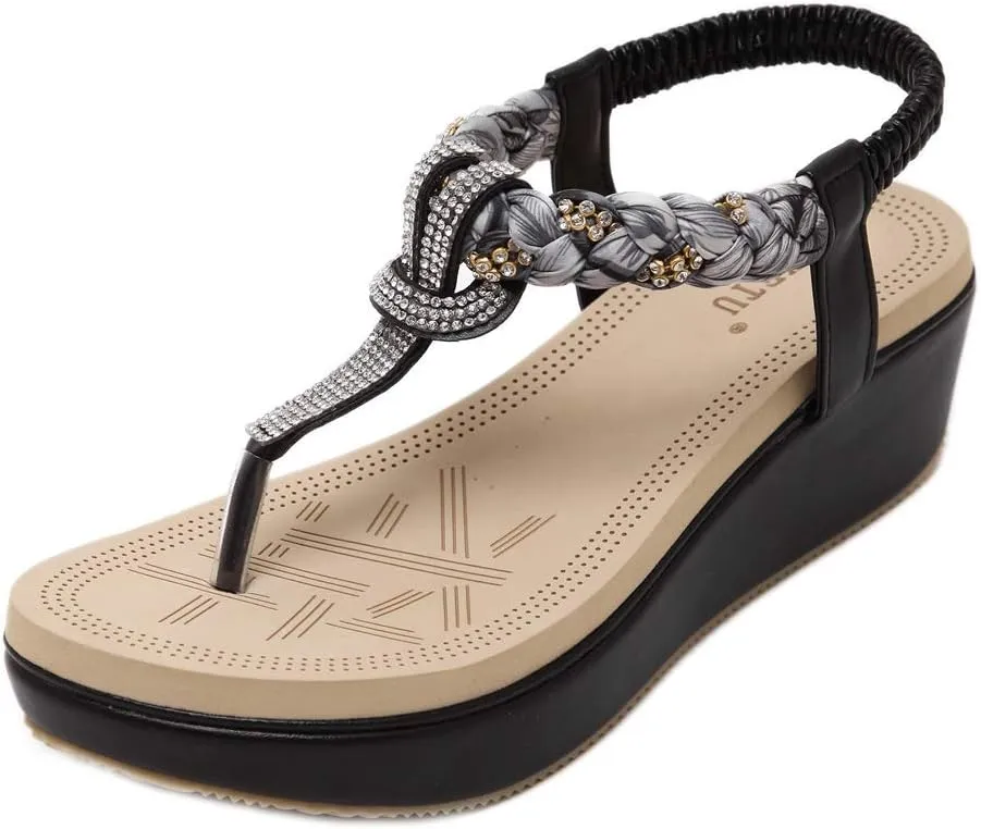 MIOKE Women's Bohemia Rhinestone Wedge Sandals Summer T-strap Thong Braid Beach Platform Flip Flops Shoes