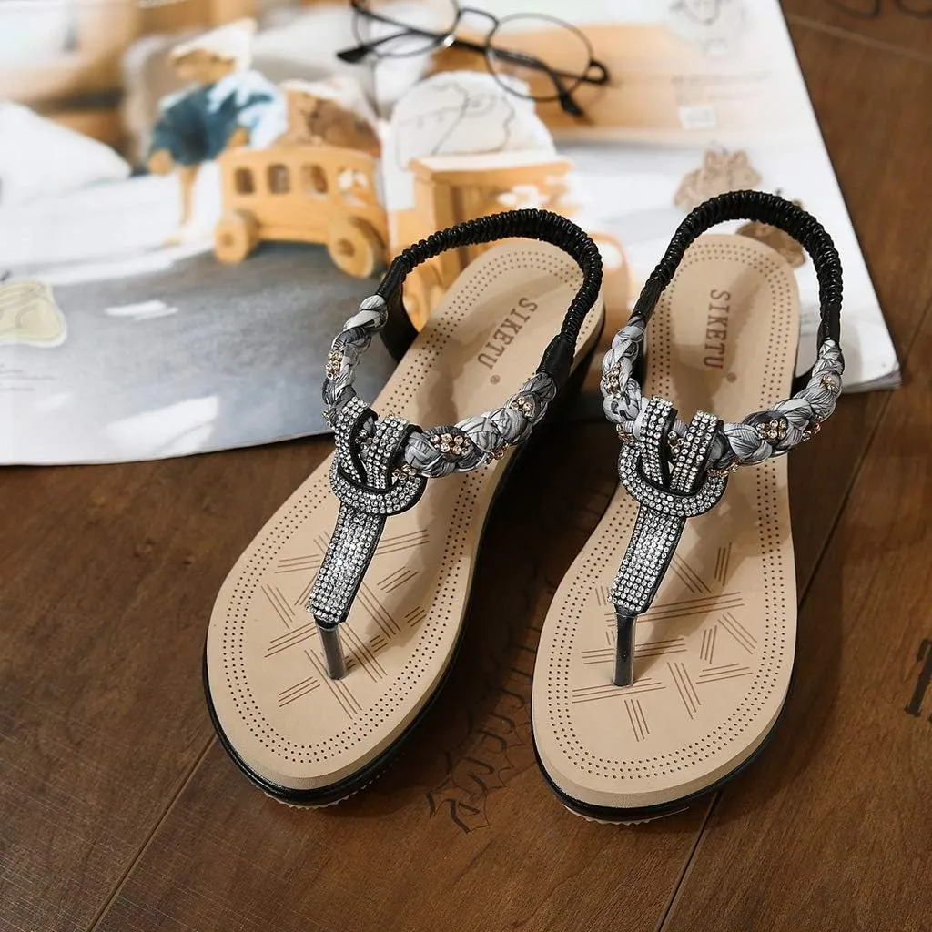 MIOKE Women's Bohemia Rhinestone Wedge Sandals Summer T-strap Thong Braid Beach Platform Flip Flops Shoes