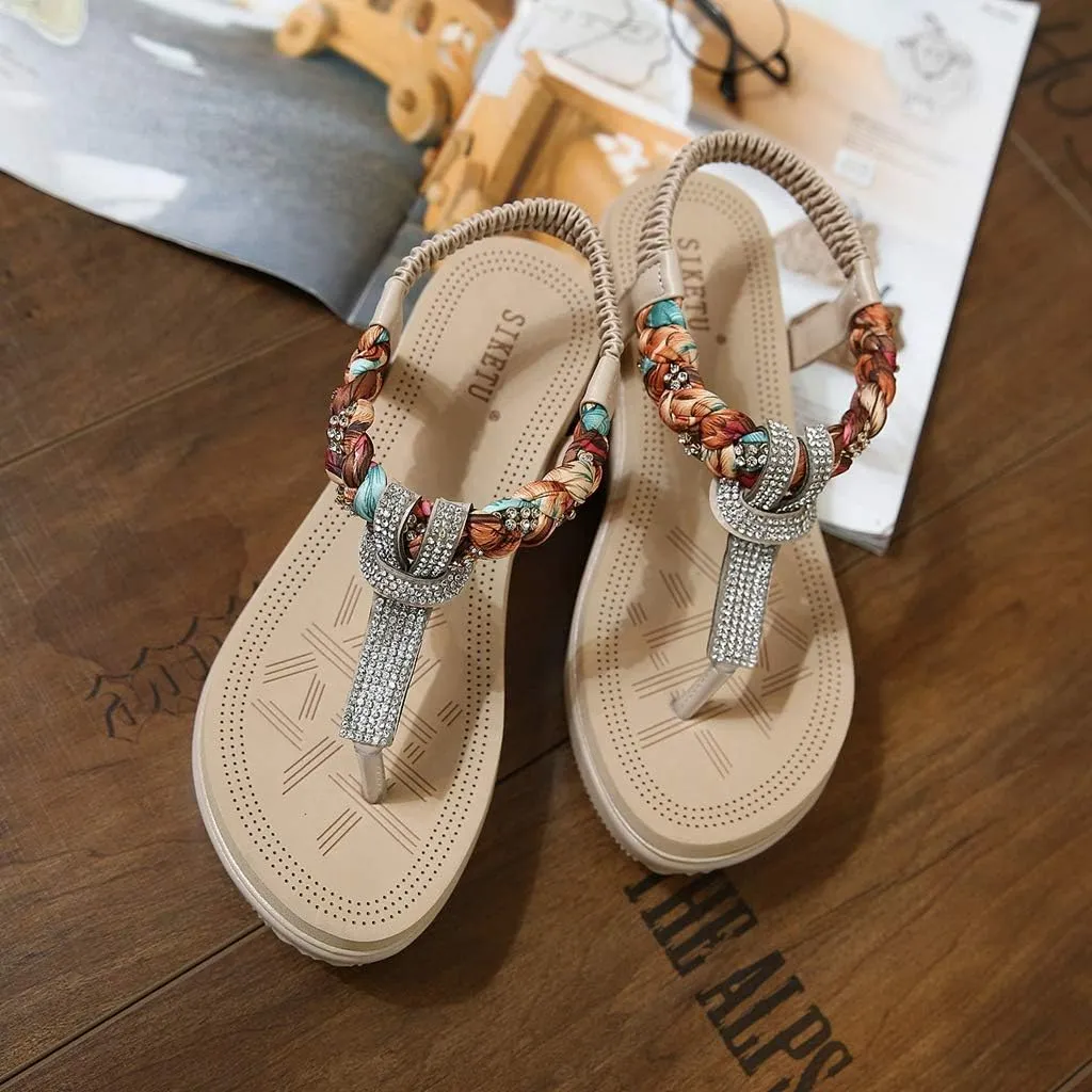 MIOKE Women's Bohemia Rhinestone Wedge Sandals Summer T-strap Thong Braid Beach Platform Flip Flops Shoes