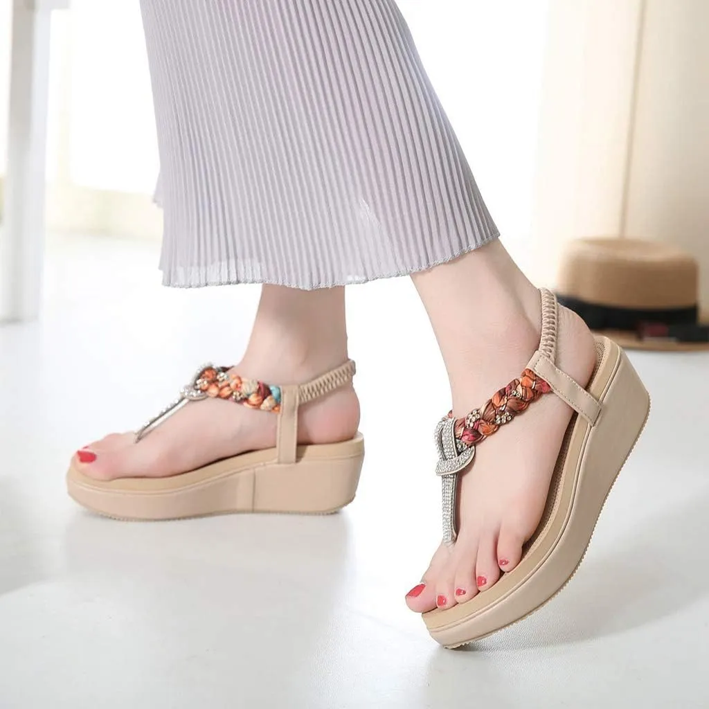 MIOKE Women's Bohemia Rhinestone Wedge Sandals Summer T-strap Thong Braid Beach Platform Flip Flops Shoes
