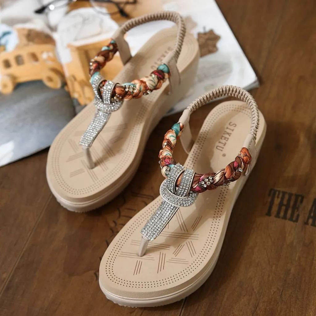 MIOKE Women's Bohemia Rhinestone Wedge Sandals Summer T-strap Thong Braid Beach Platform Flip Flops Shoes