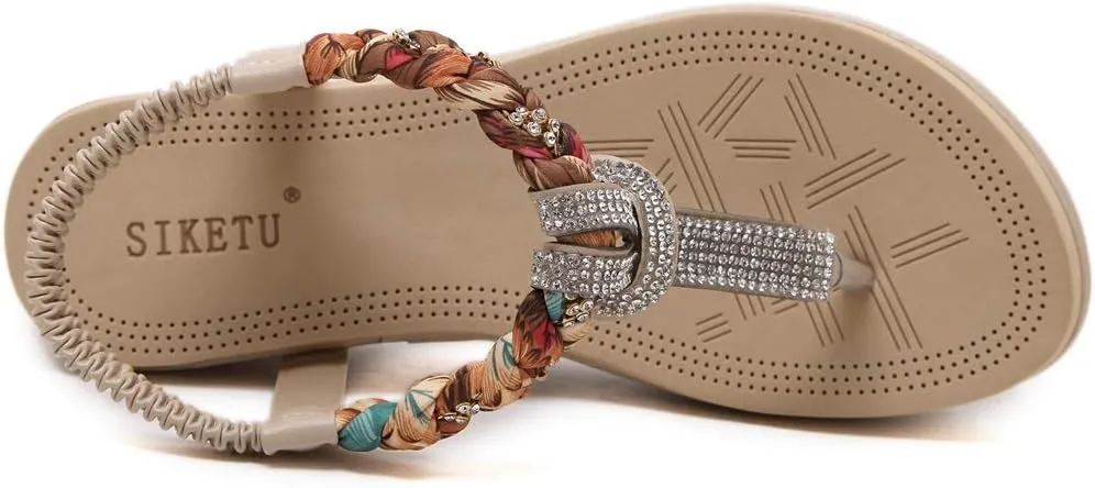 MIOKE Women's Bohemia Rhinestone Wedge Sandals Summer T-strap Thong Braid Beach Platform Flip Flops Shoes