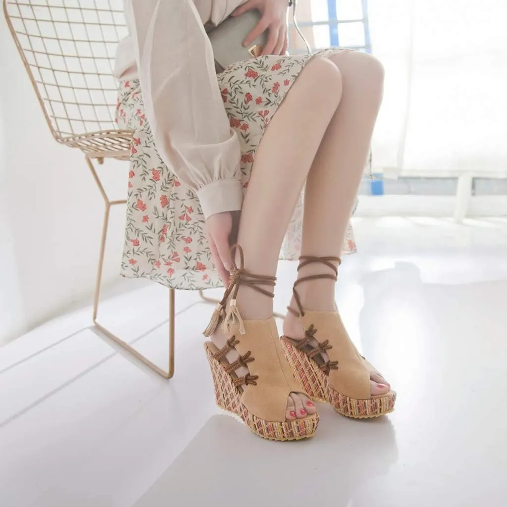 MIOKE Women's Bohemia Tassel Wedge Platform Sandals Peep Toe Lace Up Summer Straw Chunky High Heel Sandal