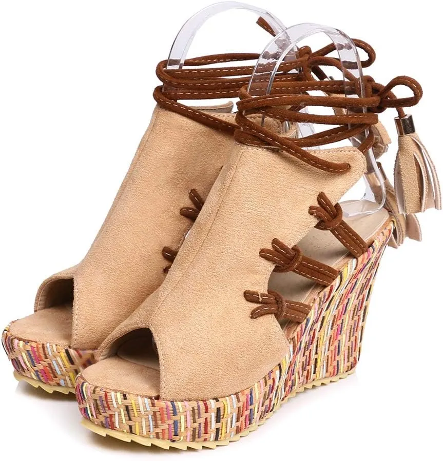 MIOKE Women's Bohemia Tassel Wedge Platform Sandals Peep Toe Lace Up Summer Straw Chunky High Heel Sandal
