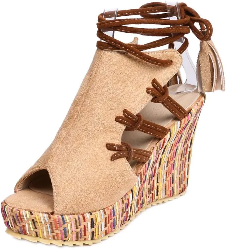 MIOKE Women's Bohemia Tassel Wedge Platform Sandals Peep Toe Lace Up Summer Straw Chunky High Heel Sandal