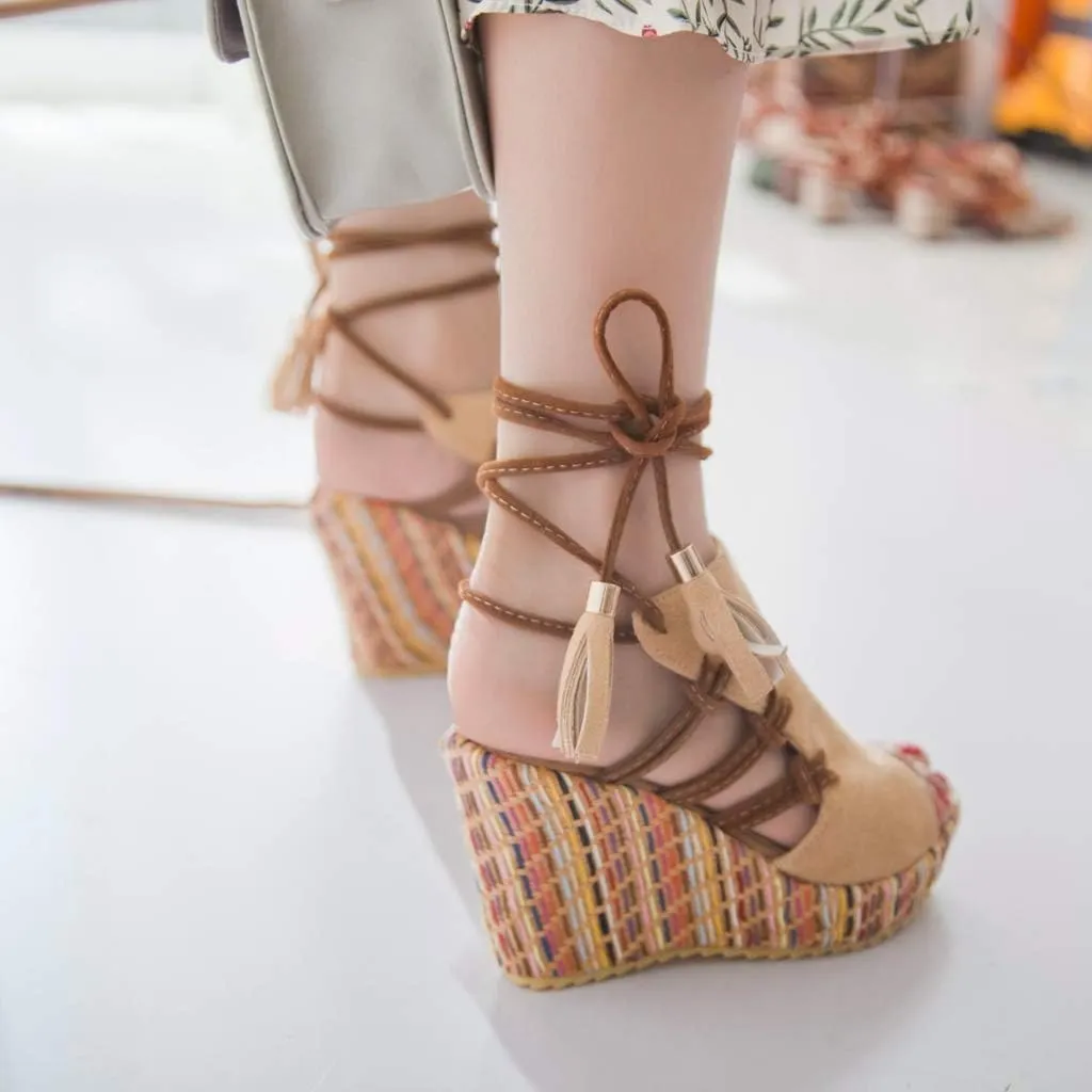 MIOKE Women's Bohemia Tassel Wedge Platform Sandals Peep Toe Lace Up Summer Straw Chunky High Heel Sandal