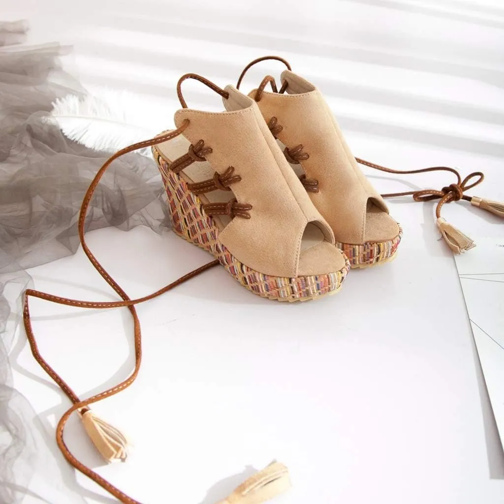 MIOKE Women's Bohemia Tassel Wedge Platform Sandals Peep Toe Lace Up Summer Straw Chunky High Heel Sandal