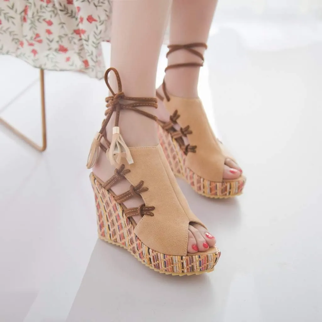 MIOKE Women's Bohemia Tassel Wedge Platform Sandals Peep Toe Lace Up Summer Straw Chunky High Heel Sandal
