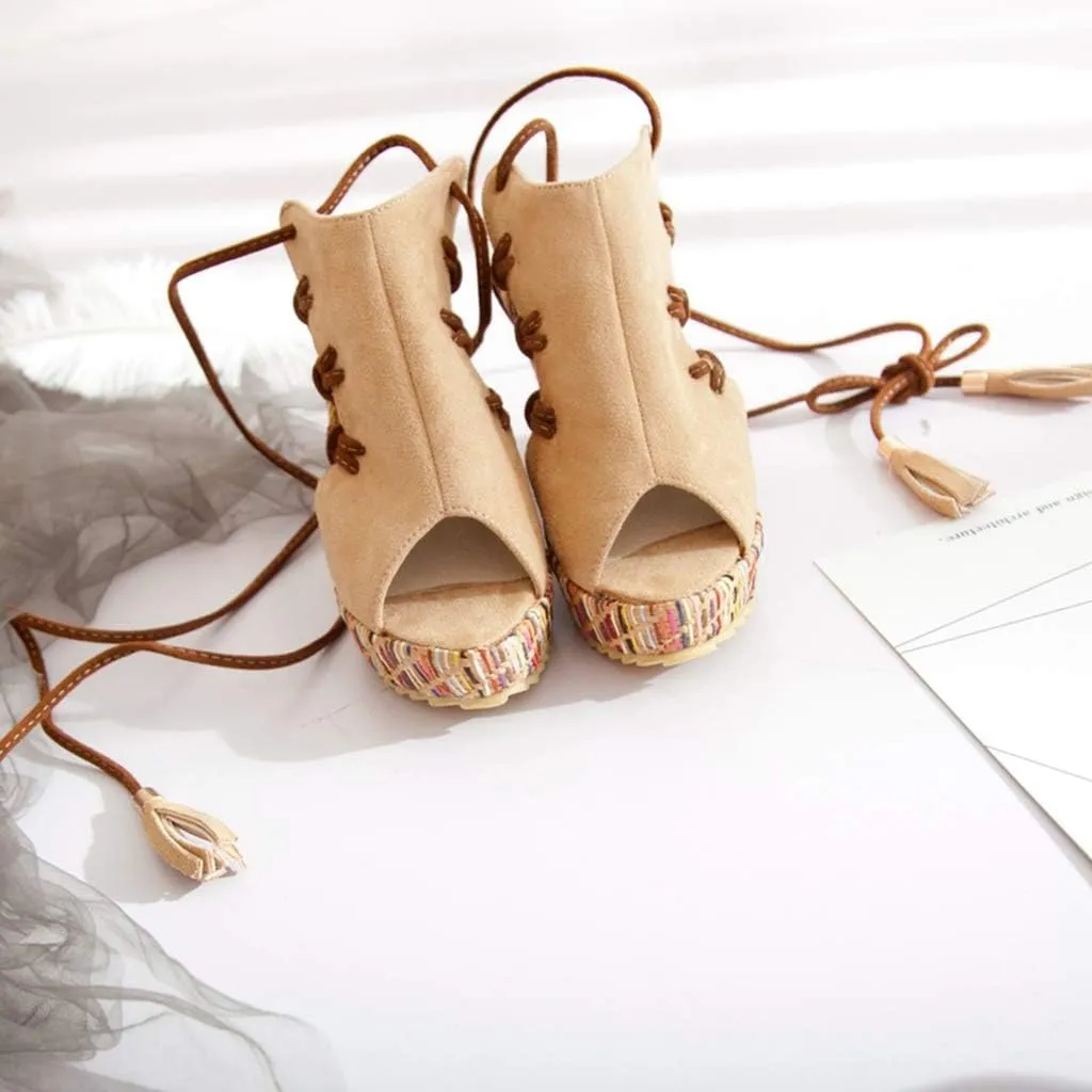 MIOKE Women's Bohemia Tassel Wedge Platform Sandals Peep Toe Lace Up Summer Straw Chunky High Heel Sandal