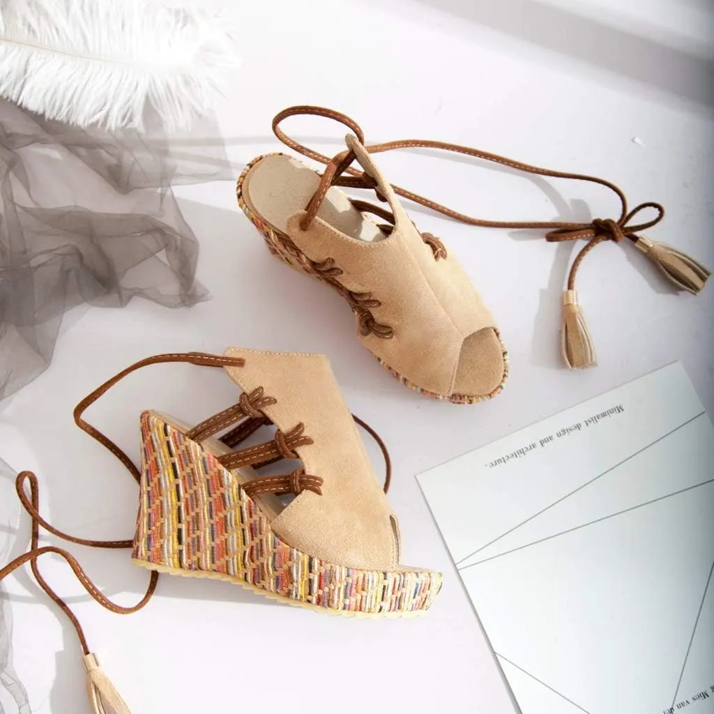 MIOKE Women's Bohemia Tassel Wedge Platform Sandals Peep Toe Lace Up Summer Straw Chunky High Heel Sandal