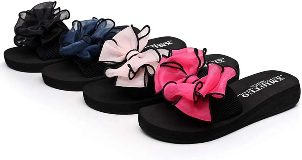 MIOKE Women's Bohemian Bowknot Flat Slide Sandals Fashion Comfort Anti-Slip Platform Summer Beach Sandals