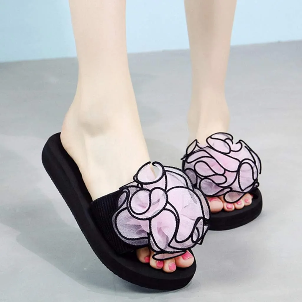 MIOKE Women's Bohemian Flower Flat Slide Sandals Fashion Comfort Anti-Slip Platform Summer Beach Sandals