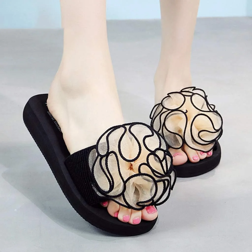 MIOKE Women's Bohemian Flower Flat Slide Sandals Fashion Comfort Anti-Slip Platform Summer Beach Sandals