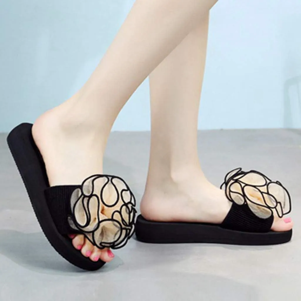 MIOKE Women's Bohemian Flower Flat Slide Sandals Fashion Comfort Anti-Slip Platform Summer Beach Sandals