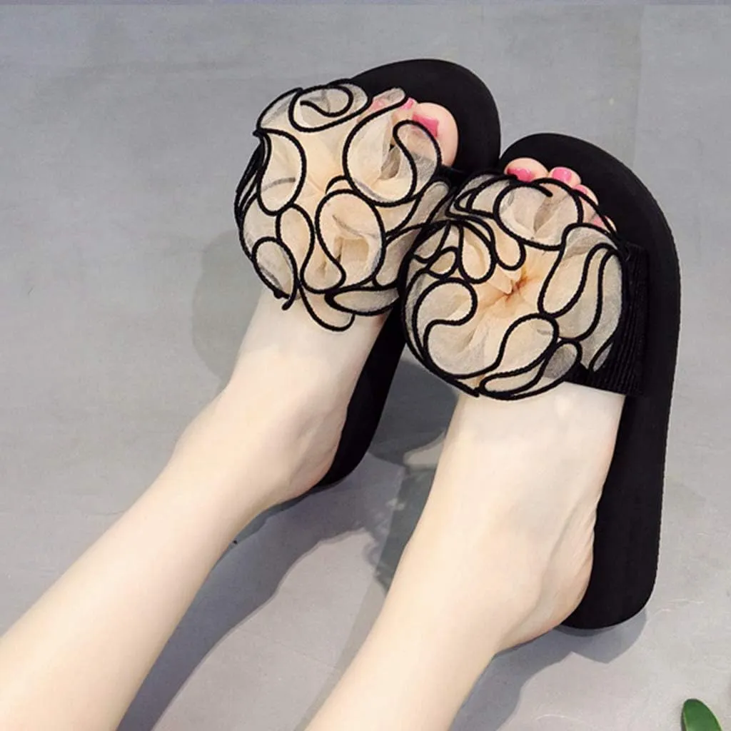 MIOKE Women's Bohemian Flower Flat Slide Sandals Fashion Comfort Anti-Slip Platform Summer Beach Sandals