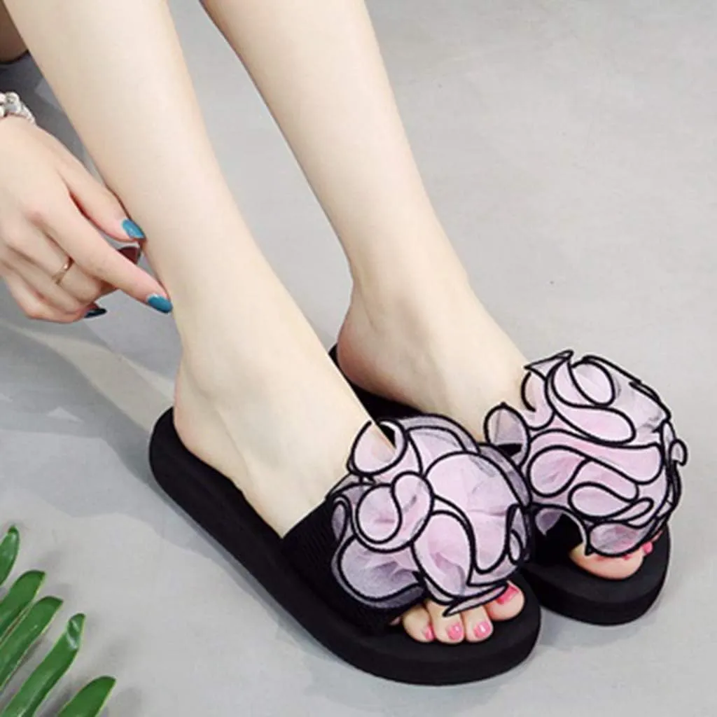 MIOKE Women's Bohemian Flower Flat Slide Sandals Fashion Comfort Anti-Slip Platform Summer Beach Sandals