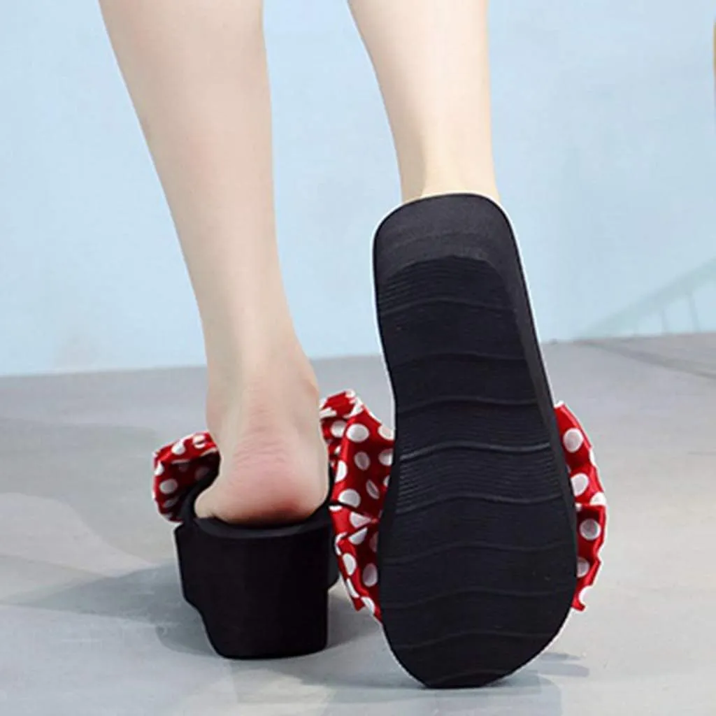 MIOKE Women's Bow Tie Sweet Wedge Slide Sandals High Heel Platform Comfort NonSlip Summer Beach Sandals