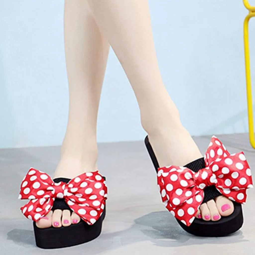 MIOKE Women's Bow Tie Sweet Wedge Slide Sandals High Heel Platform Comfort NonSlip Summer Beach Sandals