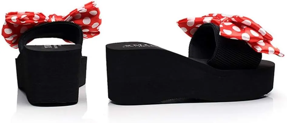 MIOKE Women's Bow Tie Sweet Wedge Slide Sandals High Heel Platform Comfort NonSlip Summer Beach Sandals