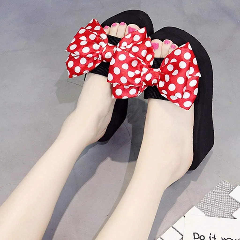 MIOKE Women's Bow Tie Sweet Wedge Slide Sandals High Heel Platform Comfort NonSlip Summer Beach Sandals