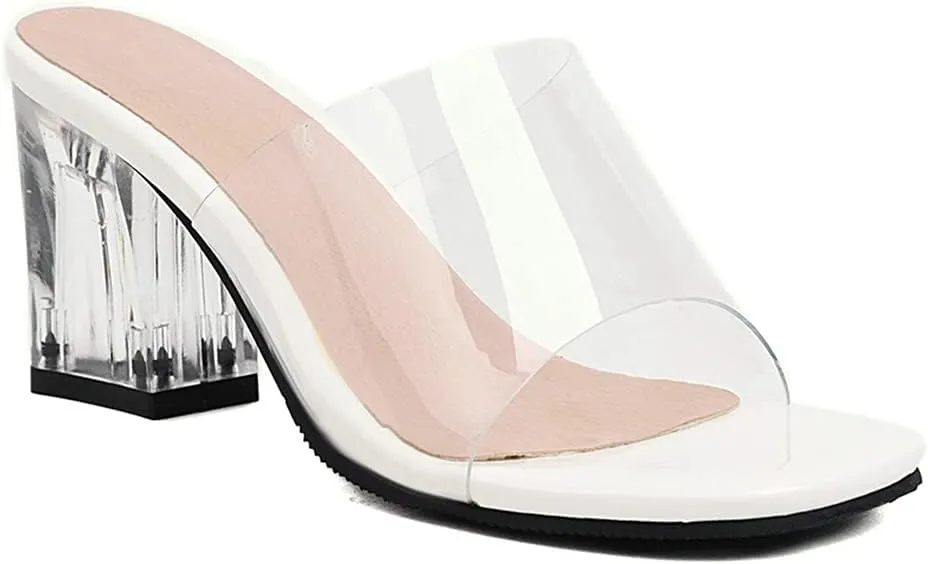 MIOKE Women's Clear Open Toe Heeled Slide Sandals Bowtie Slip On Block Low Heel Jelly Summer Dress Sandal