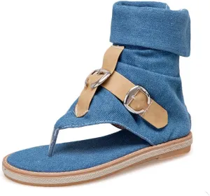 MIOKE Women's Denim Flat Sandals Cuff Booties Buckle Zipper Comfort Summer Casual Thong Flip Flops Shoes