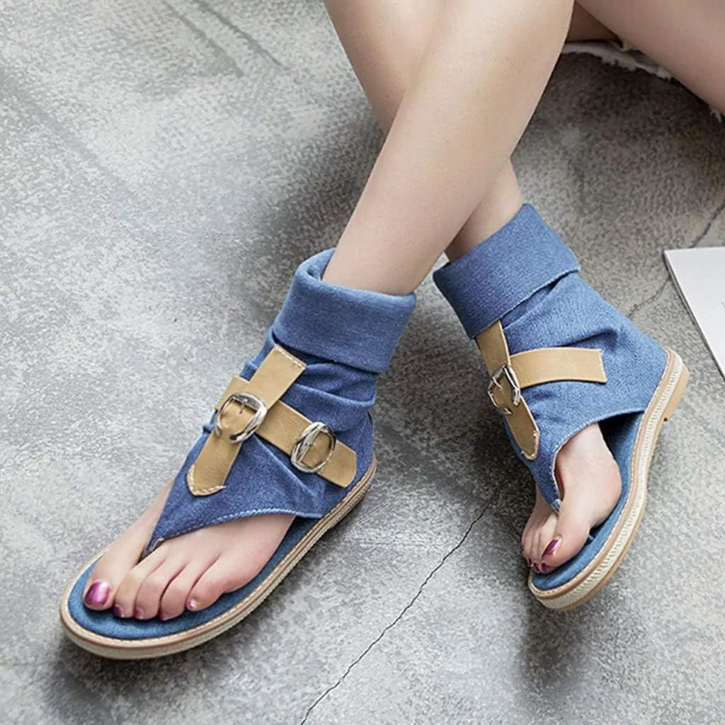 MIOKE Women's Denim Flat Sandals Cuff Booties Buckle Zipper Comfort Summer Casual Thong Flip Flops Shoes