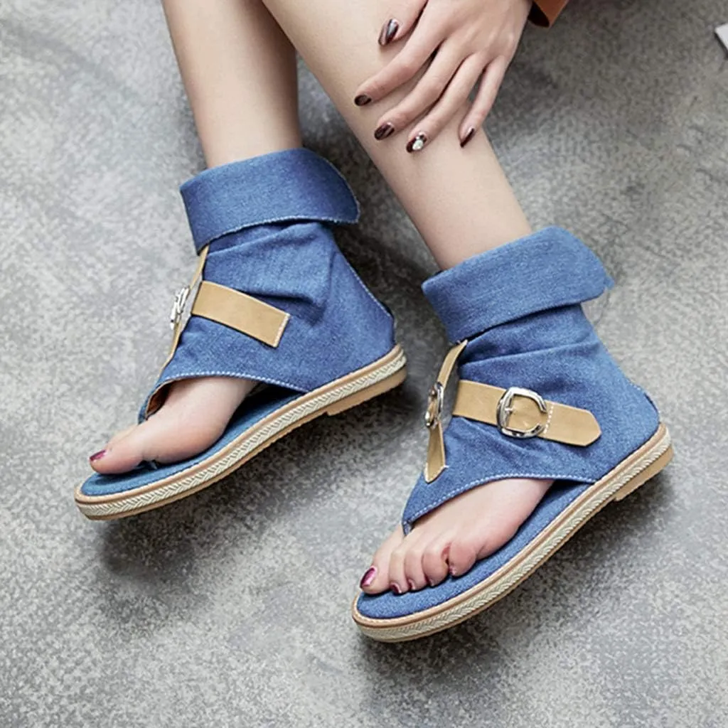 MIOKE Women's Denim Flat Sandals Cuff Booties Buckle Zipper Comfort Summer Casual Thong Flip Flops Shoes