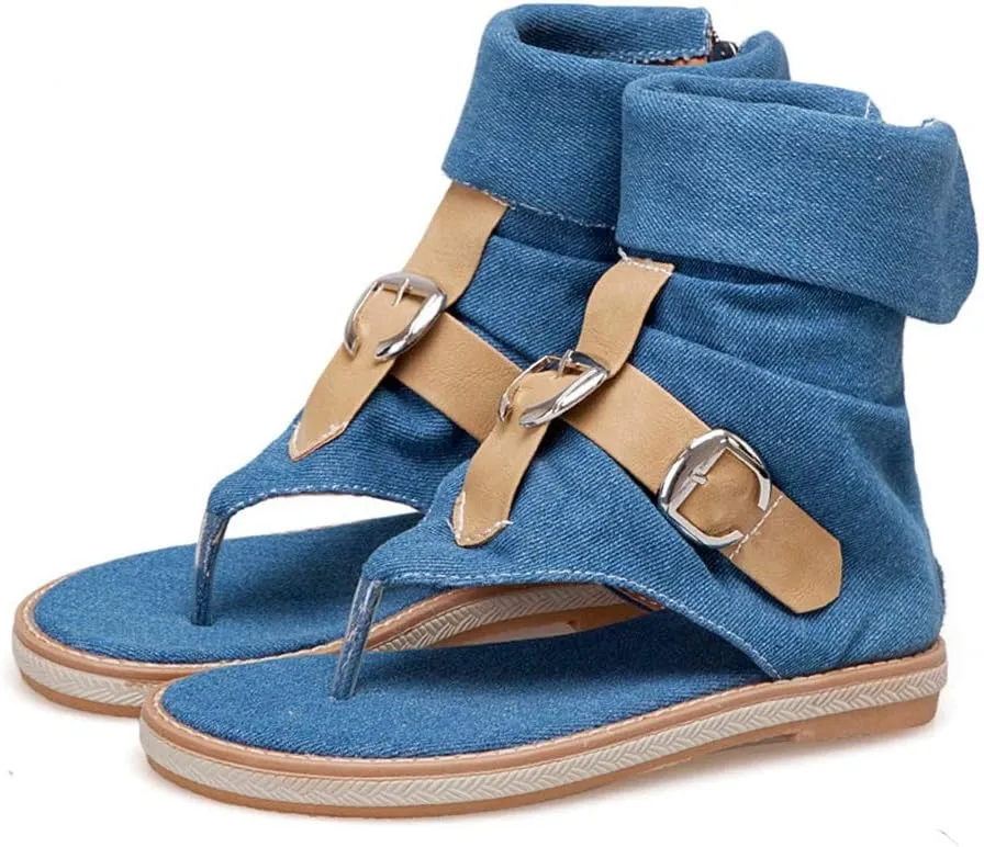 MIOKE Women's Denim Flat Sandals Cuff Booties Buckle Zipper Comfort Summer Casual Thong Flip Flops Shoes