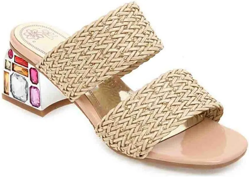 MIOKE Women's Fashion Low Block Heel Slide Sandals Open Toe Woven Comfort Chunky Heeled Mule Dress Sandal