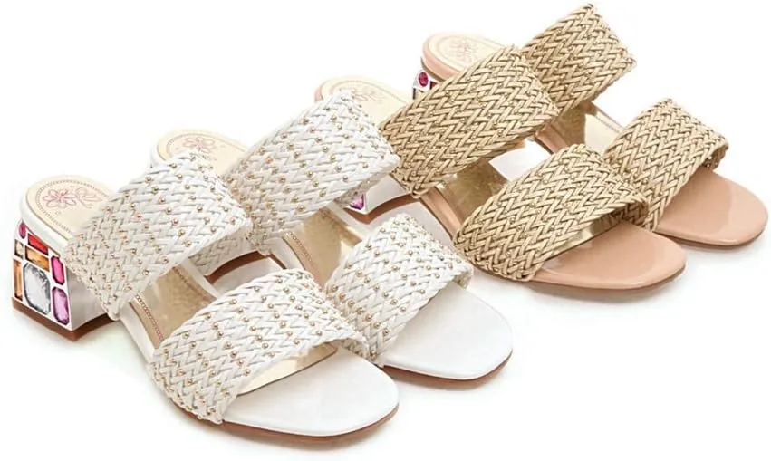 MIOKE Women's Fashion Low Block Heel Slide Sandals Open Toe Woven Comfort Chunky Heeled Mule Dress Sandal