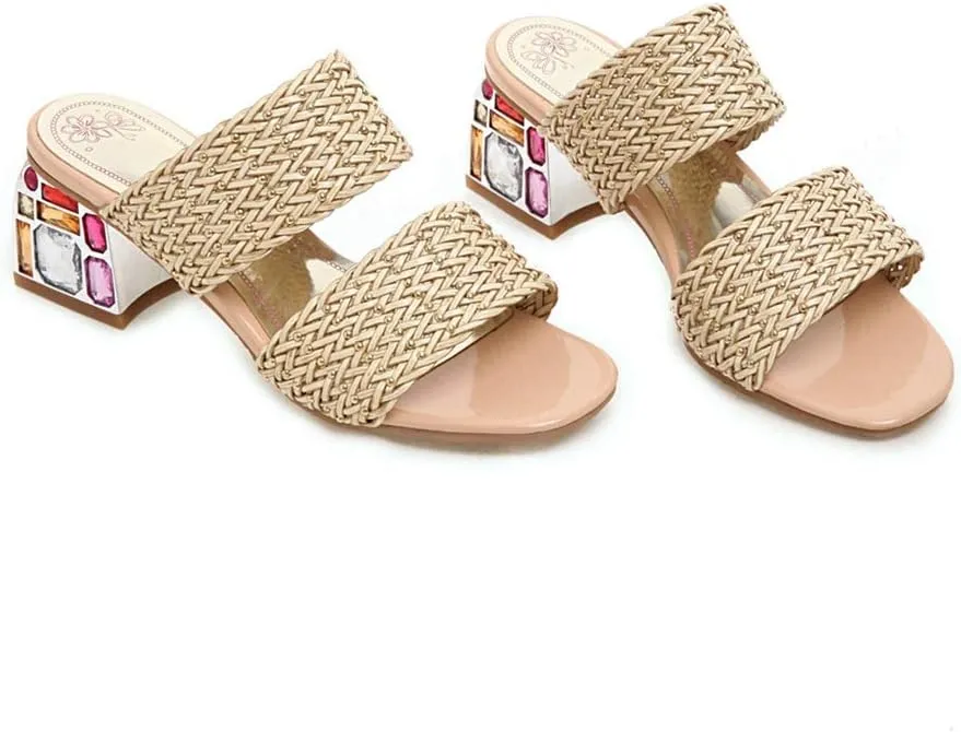 MIOKE Women's Fashion Low Block Heel Slide Sandals Open Toe Woven Comfort Chunky Heeled Mule Dress Sandal