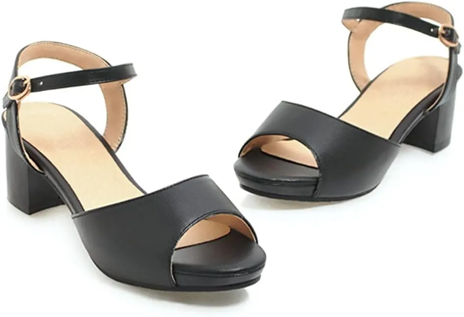 MIOKE Women's Fashion T-strap Buckle Heeled Sandals Open Toe Ankle Strap Summer Block Heel Dress Sandal