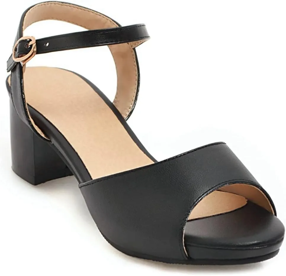 MIOKE Women's Fashion T-strap Buckle Heeled Sandals Open Toe Ankle Strap Summer Block Heel Dress Sandal