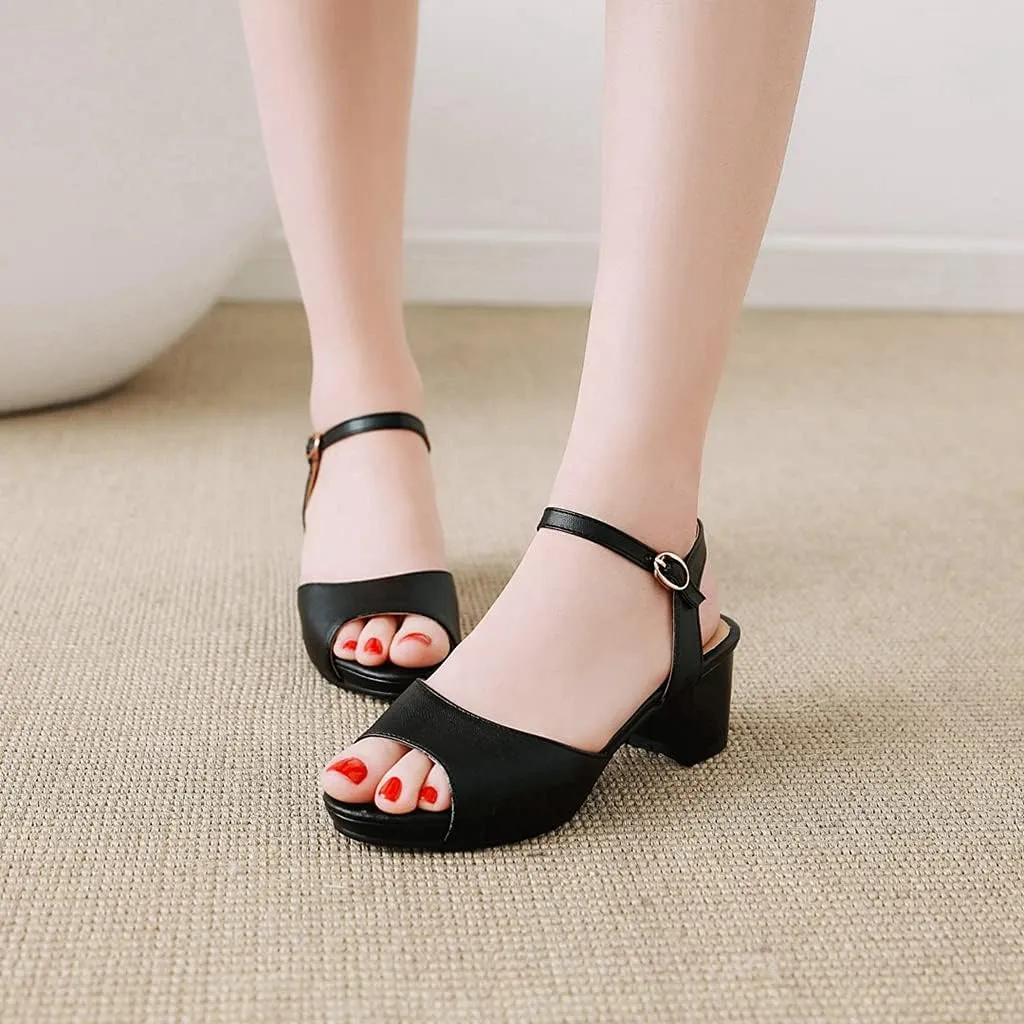 MIOKE Women's Fashion T-strap Buckle Heeled Sandals Open Toe Ankle Strap Summer Block Heel Dress Sandal