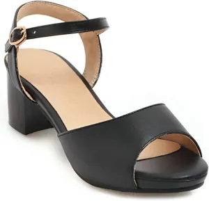 MIOKE Women's Fashion T-strap Buckle Heeled Sandals Open Toe Ankle Strap Summer Block Heel Dress Sandal