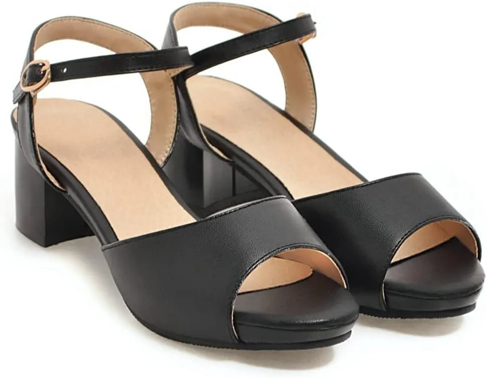 MIOKE Women's Fashion T-strap Buckle Heeled Sandals Open Toe Ankle Strap Summer Block Heel Dress Sandal