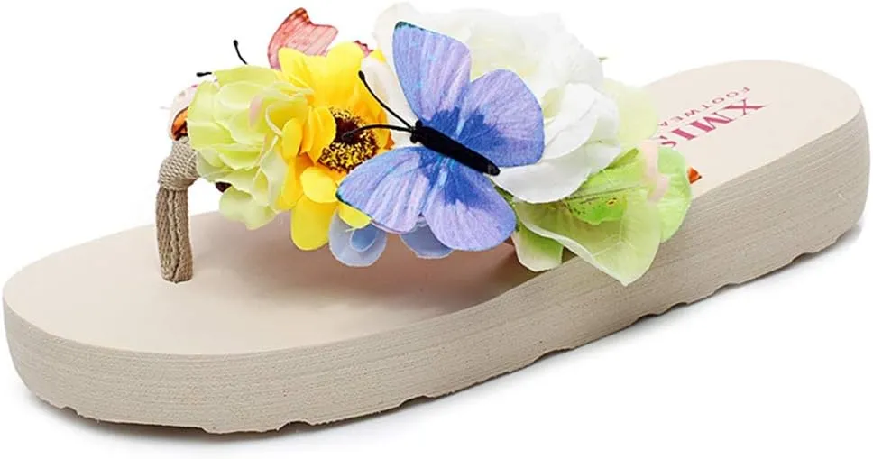 MIOKE Women's Flower Flat Platform Flipflops Bohemia Butterfly Summer Comfort Nonslip Beach Thong Sandals