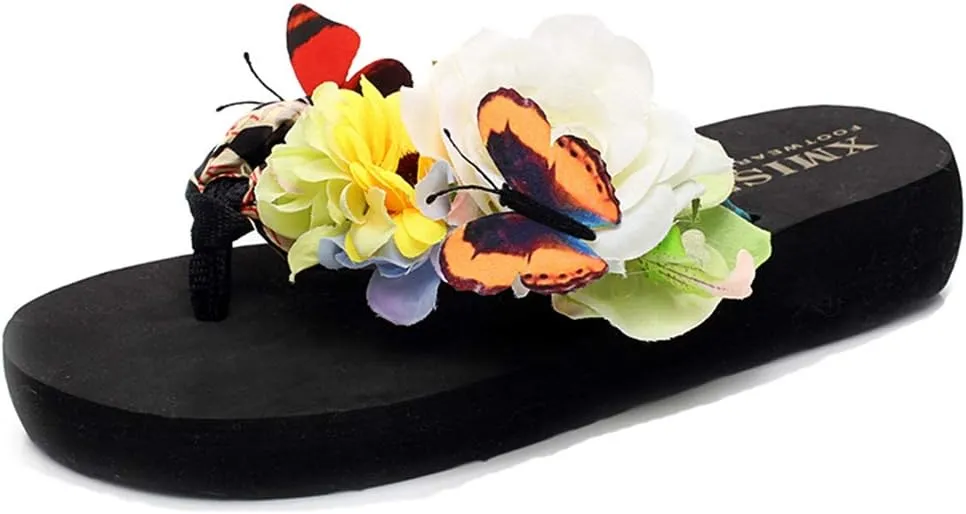 MIOKE Women's Flower Flat Platform Flipflops Bohemia Butterfly Summer Comfort Nonslip Beach Thong Sandals