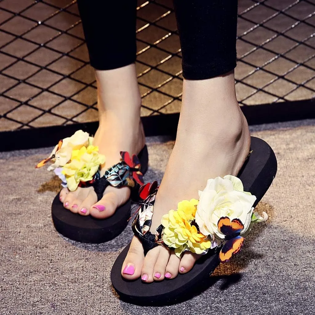 MIOKE Women's Flower Flat Platform Flipflops Bohemia Butterfly Summer Comfort Nonslip Beach Thong Sandals