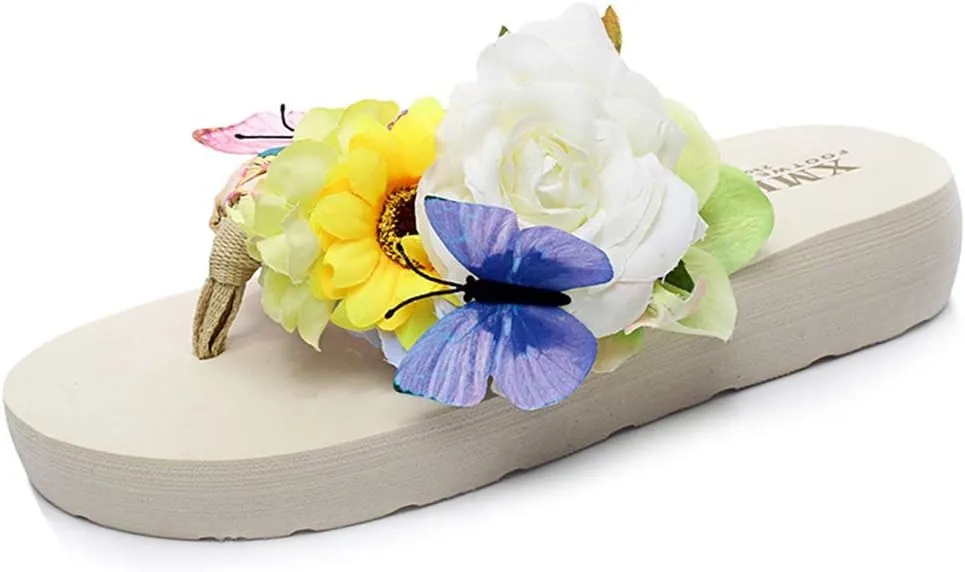 MIOKE Women's Flower Flat Platform Flipflops Bohemia Butterfly Summer Comfort Nonslip Beach Thong Sandals