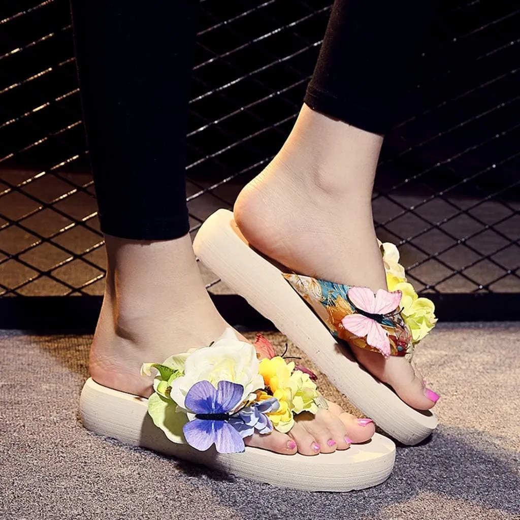 MIOKE Women's Flower Flat Platform Flipflops Bohemia Butterfly Summer Comfort Nonslip Beach Thong Sandals