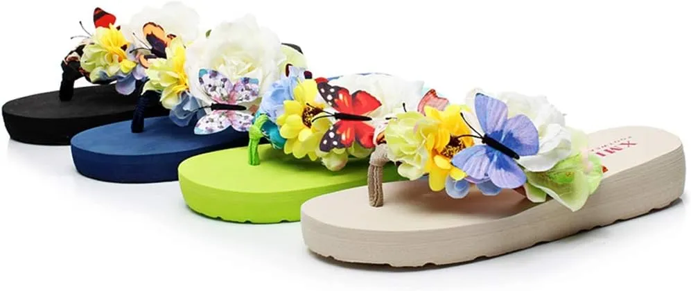 MIOKE Women's Flower Flat Platform Flipflops Bohemia Butterfly Summer Comfort Nonslip Beach Thong Sandals
